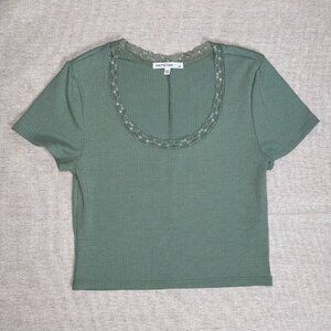 Anistar | Green Lace Trim Ribbed Crop Top | Medium